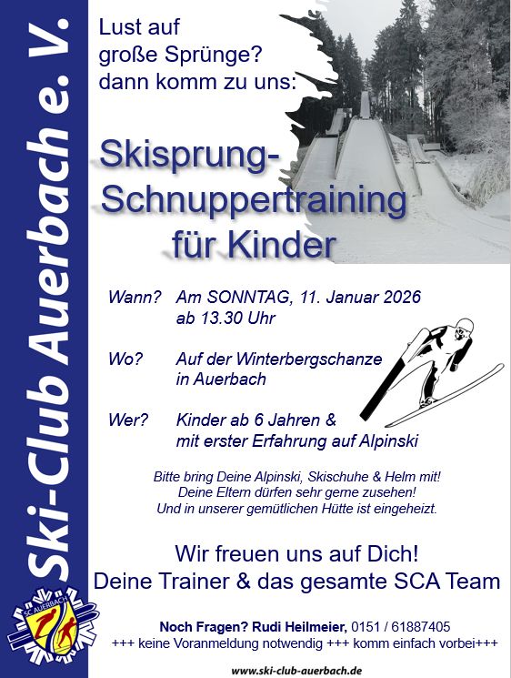 Skispringen-Schnuppertraining auf Schnee am Sonntag, den 11.1.26 auf den Auerbacher Winterberg-Schanzen